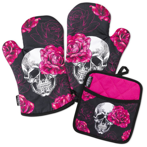 Oven gloves set piece skull - oven,
